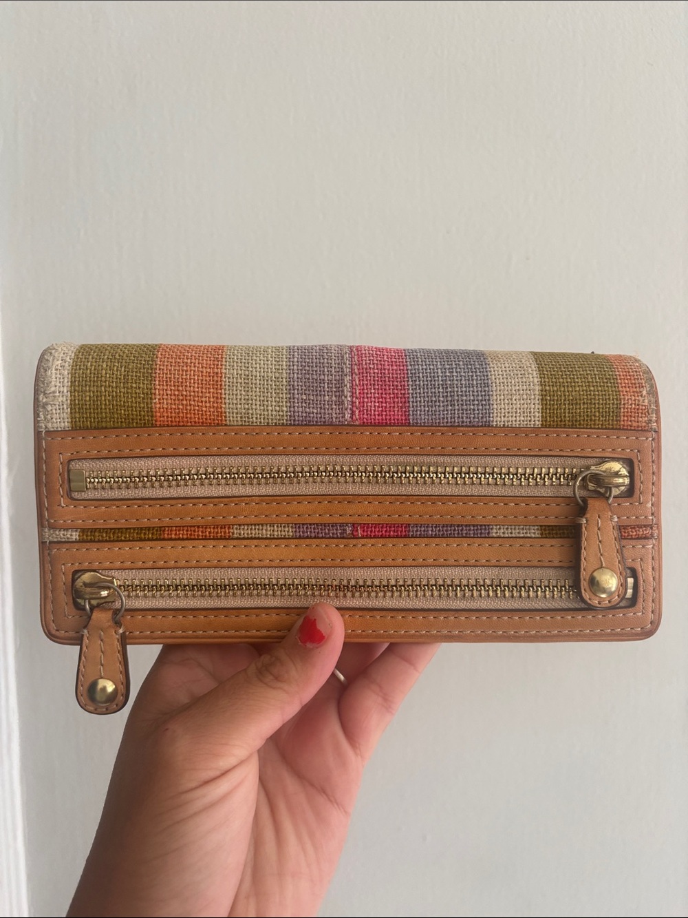 Coach Multicolor Striped Canvas Wallet with Tan Leather Trim